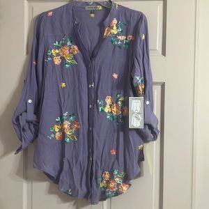 Ladies Medium button down shirt, purple, flower detail. New with tags.